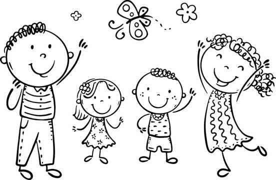 Cartoon family members. Parents and children, isolated characters. Black and white illustration