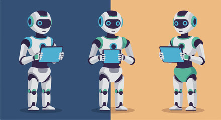 Androids holding tablets in split background for digital automation services use