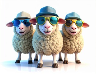 funny sheep, 3D cartoon animal, cute farm animal, sheep squad, sunglasses, cool animal, hip hop style, sheep character, mascot, animal humor, teamwork, fashion animal, white background, summer vibe, 