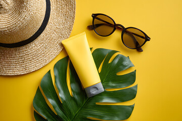 Bright yellow background highlights a straw hat, tube of sunscreen, and stylish sunglasses ready for summer fun