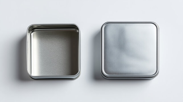 A sleek square tin box with a detachable lid, displayed in both open and closed positions against a clean white backdrop.
