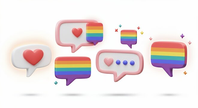 Speech bubbles with rainbow flag and heart icons