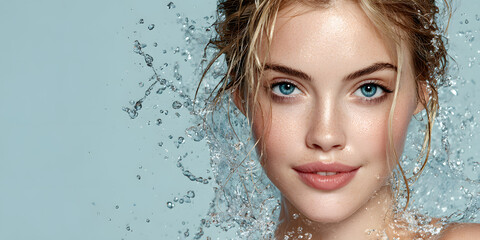 A model smiles softly as water droplets splash around her, creating an ethereal, refreshing atmosphere in the studio