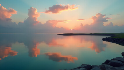 Fototapeta premium Sunrise Reflections Over Still Coastal Water