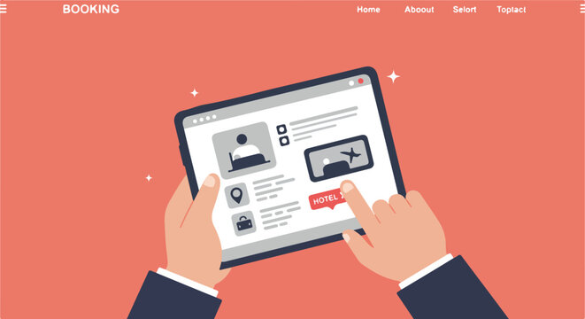 Tablet hotel booking in hands, coral background. Application UI interface