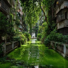 Obraz premium Streets turned into rivers of green in a ruined city 