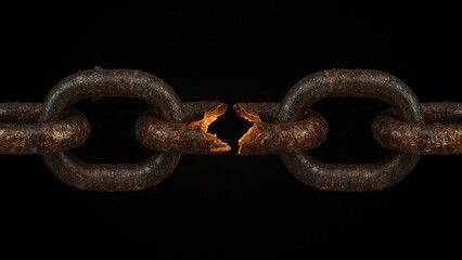Obraz premium A close-up of a broken, rusty chain link with a glowing crack, symbolizing strength and vulnerability.