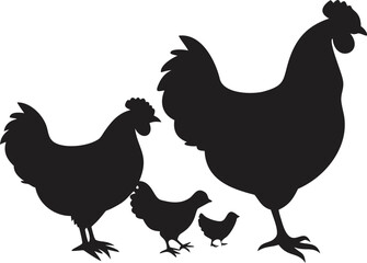 Silhouette of a Rooster with Hens and Chicks in a Farmyard Scene Depicting Family and Poultry