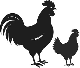 A Silhouette of a Chicken and a Rooster Standing Tall Against a White Backdrop in a Simple Graphic Design Style