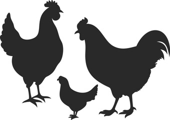 Three Chicken Silhouettes Depicting a Small Brood of Poultry on a White Background Showcasing Minimalist Domestic Fowl