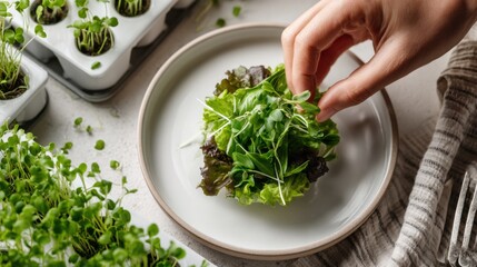 Top-down view of white plate with fresh salad and homegrown herbs, hand placing garnish, clean healthy composition