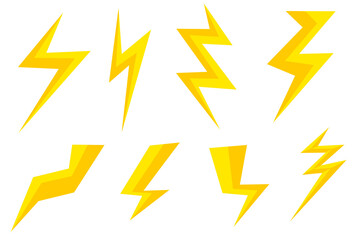A set of yellow lightning icons with shadow effects. Suitable as a design element.