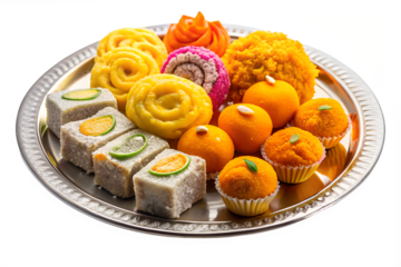 Assortment of colorful indian sweets on a silver tray isolated on transparent background, perfect for festive occasions and celebrations