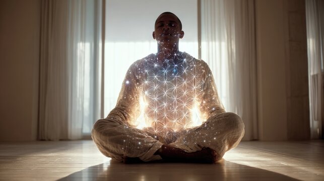 Fototapeta Modern spiritual man meditating at home, minimalist interior, sacred geometry aura, subtle gradients, peaceful everyday balance, soft glowing harmony