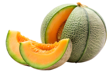 Cantaloupe melon with slices isolated on transparent background, a refreshing and healthy fruit, perfect for summer desserts and snacks with vibrant colors