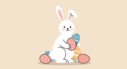 Fototapeta premium Cartoon rabbit embraces eggs on neutral background. Spring celebration use
