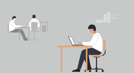 Man Typing on a Laptop at Desk, Other Workers and Data Visualizations in Background
