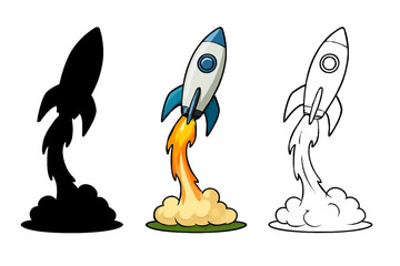 Obraz premium Rocket Launching with Flames – Vector Set with Silhouette, Colorful, and Outline Versions – Space Travel Illustration on White Background
