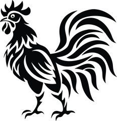 Stylized Silhouette of a Rooster with Ornate Feathers and Distinct Comb, a Bold and Striking Avian Illustration