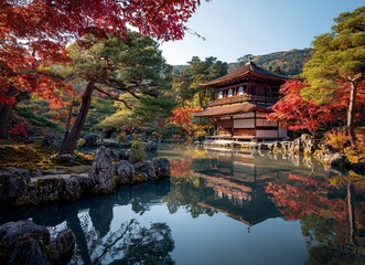 The Ginkakuji (Silver Pavilion) building reflected in the river, with trees and red leaves along its banks, landscape photography, Kyoto cityscape, wide-angle lens, clear sky, high resolution,