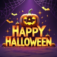 Halloween graphic design with glowing pumpkin happy halloween title spooky purple background bats and stars ideal for party invitation poster flyer october celebration greeting card theme