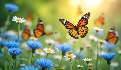 Beautiful colorful butterflies flutter over cornflower and daisies meadow against blurred background of grass, chamomile and other flowers with fabulous bokeh with bright color spots. AI-Generated