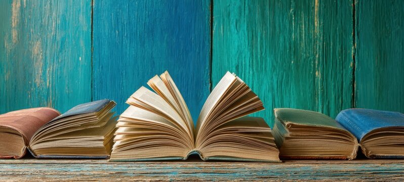 The vibrant collection of open and closed books on a rustic wooden shelf.