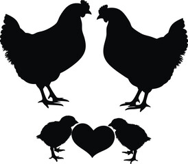Silhouette of Mother Hens and Chicks Symbolizing Love and Family Bonds Featuring Two Hens and Heart
