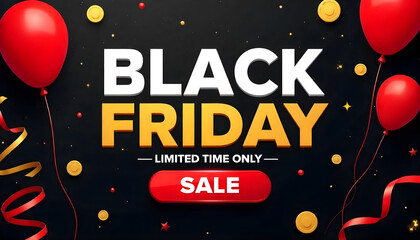 Black Friday Sale with Red Balloons and Gold Coins