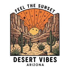 Arizona Desert Sunset Landscape Illustration with Cacti and Mountains Feel the Sunset Desert Vibes Graphic Design