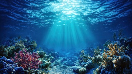 Fototapeta premium Beautiful Blue Ocean Background with Sunlight and Undersea Scene – Sunbeams Penetrating Turquoise Waters, Revealing Vibrant Marine Life Below