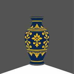 Traditional blue vase with floral patterns on gray background  