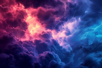 Dark cloudy background with stylized lightning and glowing energy bursts, dramatic atmosphere, concept background.