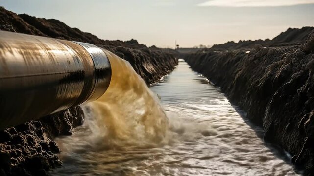 A large pipe discharges liquid into a ditch, creating a stream of water flowing through the landscape.