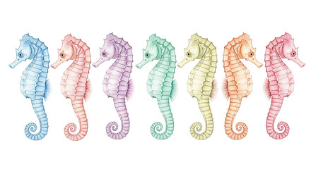 Colorful watercolor seahorse illustration on transparent background