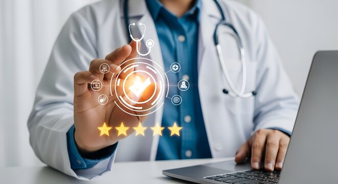 Healthcare Professional Holding Golden Star Rating | Medical Service Excellence