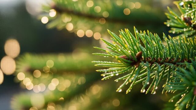 Close-up of a pine tree branch with dew drops, bathed in golden sunlight.