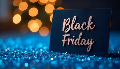 Naklejka premium Black Friday Text on Blue Glitter with Festive Bokeh Background