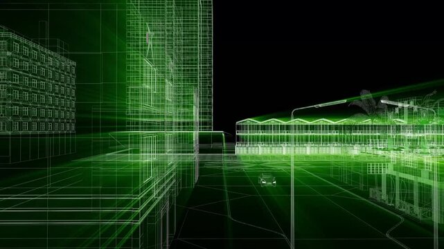 Futuristic Light Beams over Wireframe 3D Model of Miami City with BIM Urban Infrastructure and Metropolis Design Elements, Ideal for Sci-Fi Concepts and Smart City Visualization Projects