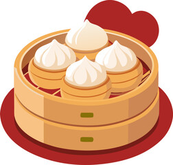Traditional Japanese food. Asian dumplings in bamboo steamer basket. Vector illustration stock illustration