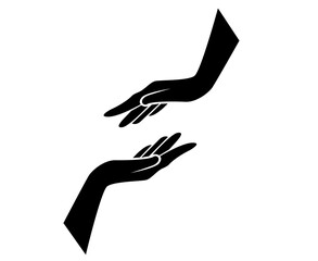 Two hand's touch in one line art style isolated on a white background. Rescue, assistance, care icon. Continuous line icon. Outline minimalist design. 
