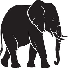 Silhouette of an elephant walking with its trunk down and tusks visible on a white background