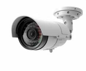 Modern security camera, designed for outdoor surveillance, featuring infrared LEDs, presented in a clean, minimalist style on transparent background