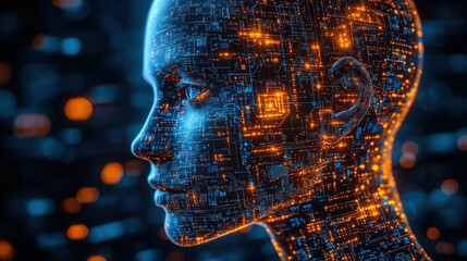 Profile view of a digital human head, circuits glowing orange and blue