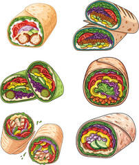 Colorful Vector Set of Fresh Wrap Sandwiches with Vegetables, Chicken, and Falafel &ndash; Healthy Fast Food Illustration