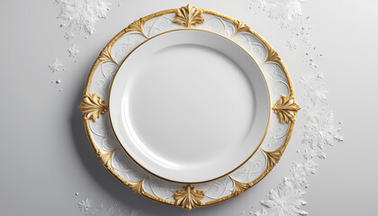 Elegant table setting featuring an empty white plate on an ornate gold charger, set against a pristine white background with decorative snow.