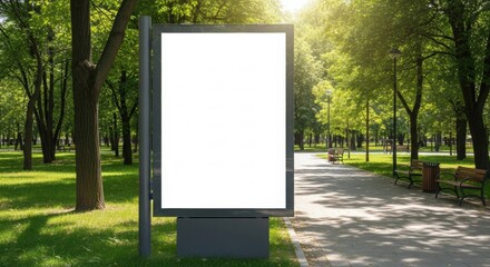 Blank Advertisement Billboard Mockup in a Sunny Park Setting with Green Trees and Pathway, Ideal for Outdoor Advertising Campaigns and Promotional Messages