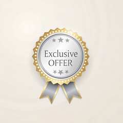 Silver badge displaying exclusive offer with golden border and ribbon stands on a light background