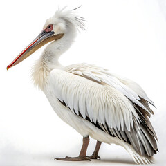 Fototapeta premium Elegant White Pelican Standing Tall Against a Plain Backdrop Showcasing Exquisite Feather Detail and Striking Beak Coloration