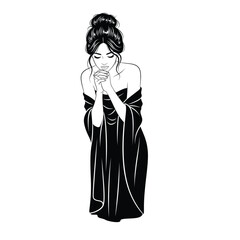 Elegant Woman in Flowing Off-Shoulder Dress Praying, Graceful Vector Illustration with Updo Hairstyle